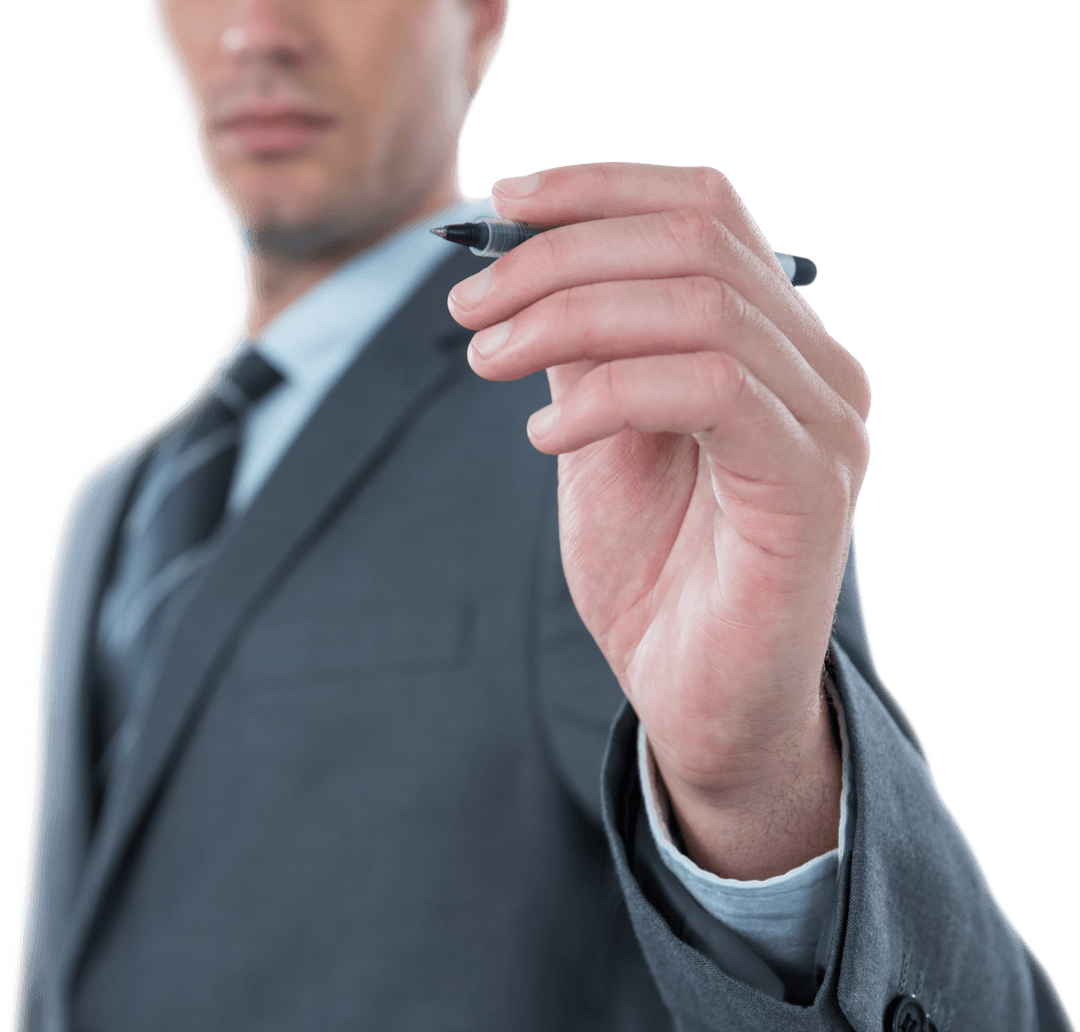 Businessman Writing on Transparent Screen with Marker