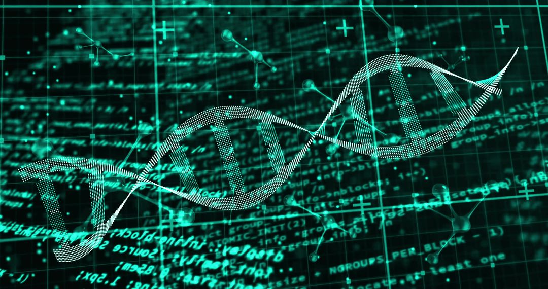 Glowing teal DNA helix spanning virtual dashboard with scrolling code and molecules
