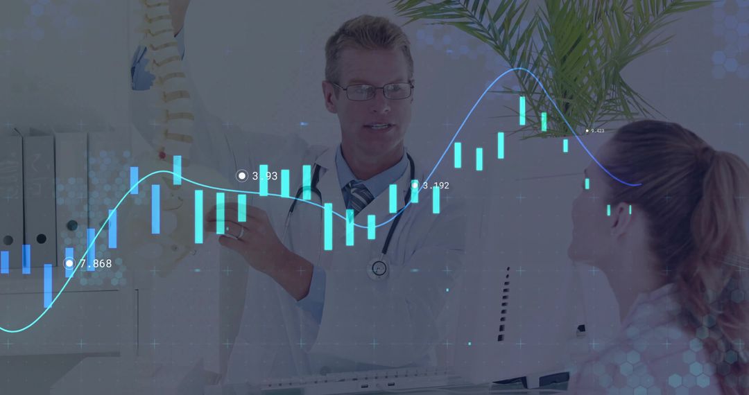 Doctor Explaining Spine Model with Digital Chart Overlay