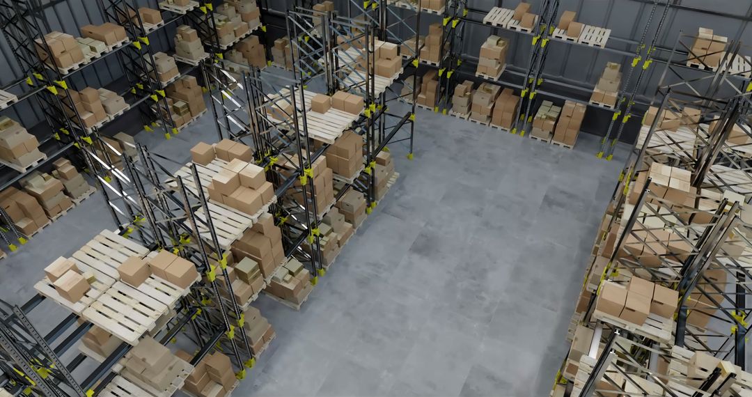 Elevated Drone View of Warehouse with Stacked Boxes