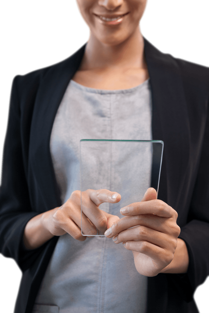 Businesswoman Holding Transparent Touch Screen Interface Portrait