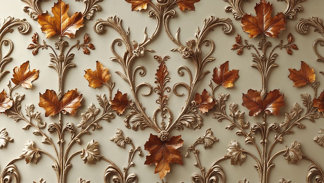 Baroque Scrollwork with Bronze Maple Leaves on Cream Wall