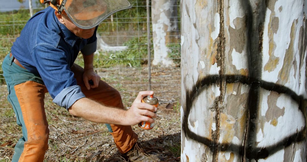 Lumberjack Applying Spray Paint on Tree Trunk in Forest - Free Images, Stock Photos and Pictures on Pikwizard.com