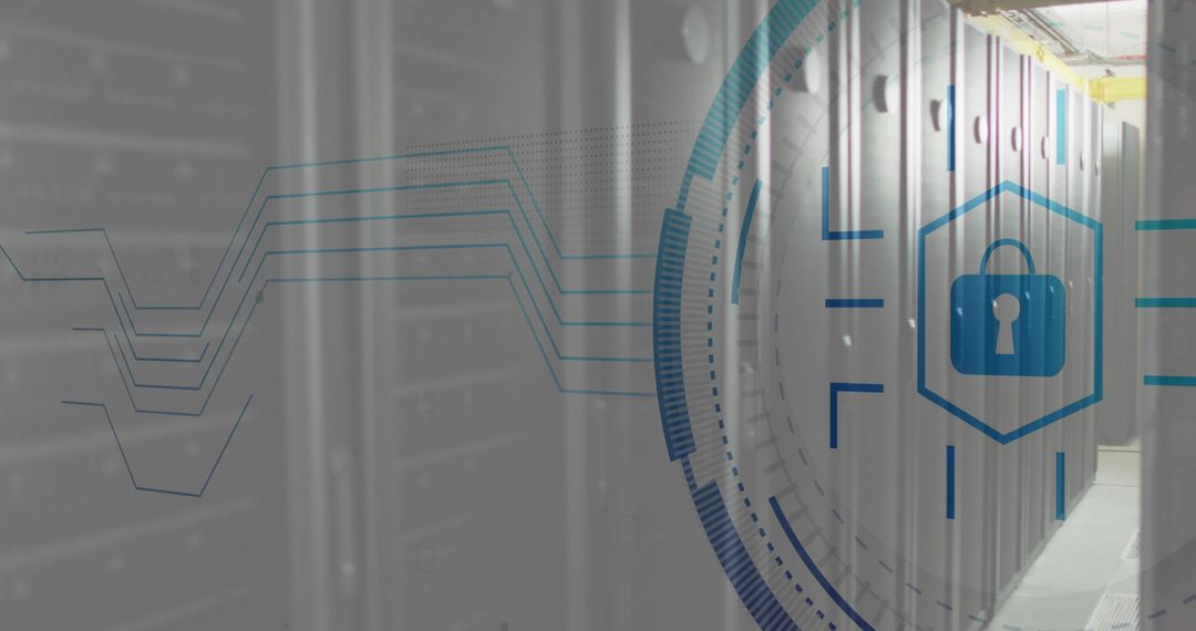 Padlock overlay on server room showing secure digital lock security