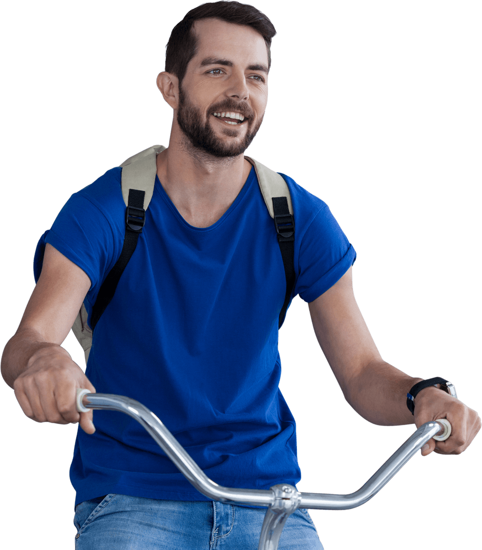 Casual Young Man Riding Bicycle with Backpack Transparent