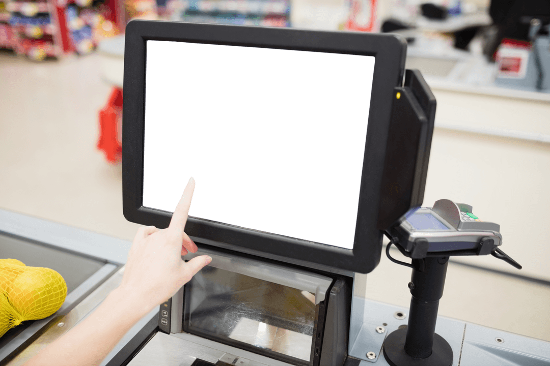 Transparent Digital Cash Register Screen in Supermarket Queue