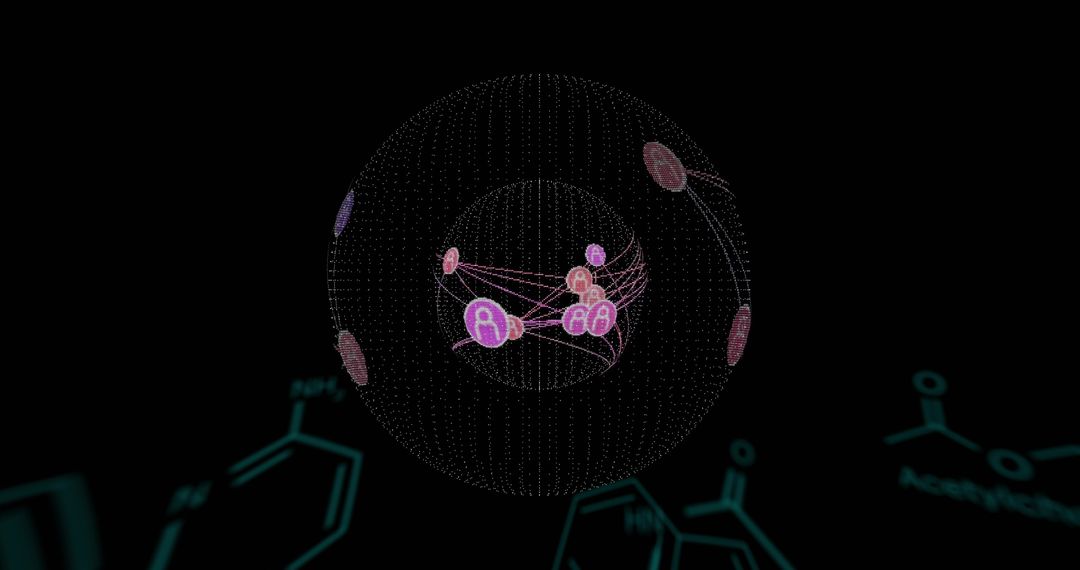 Futuristic 3D Network Sphere with Molecular Diagrams