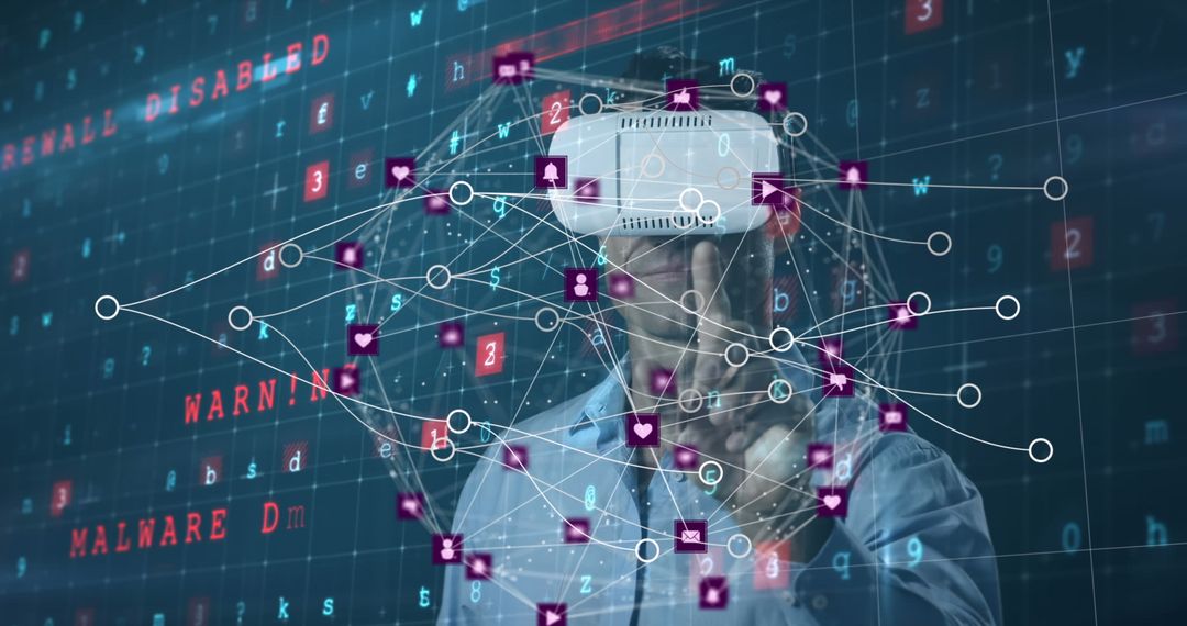 Caucasian Man in VR Headset Exploring Digital Security Network