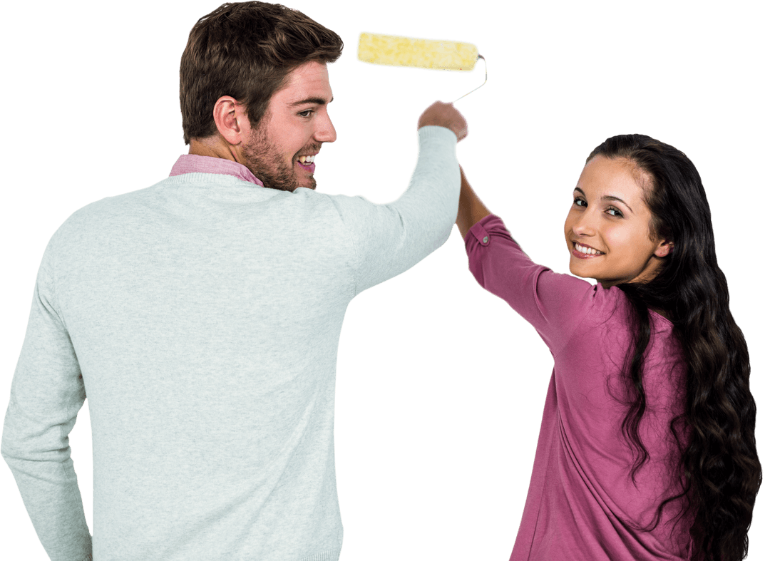 Couple Enthusiastically Holding Paint Roller on Transparent Background