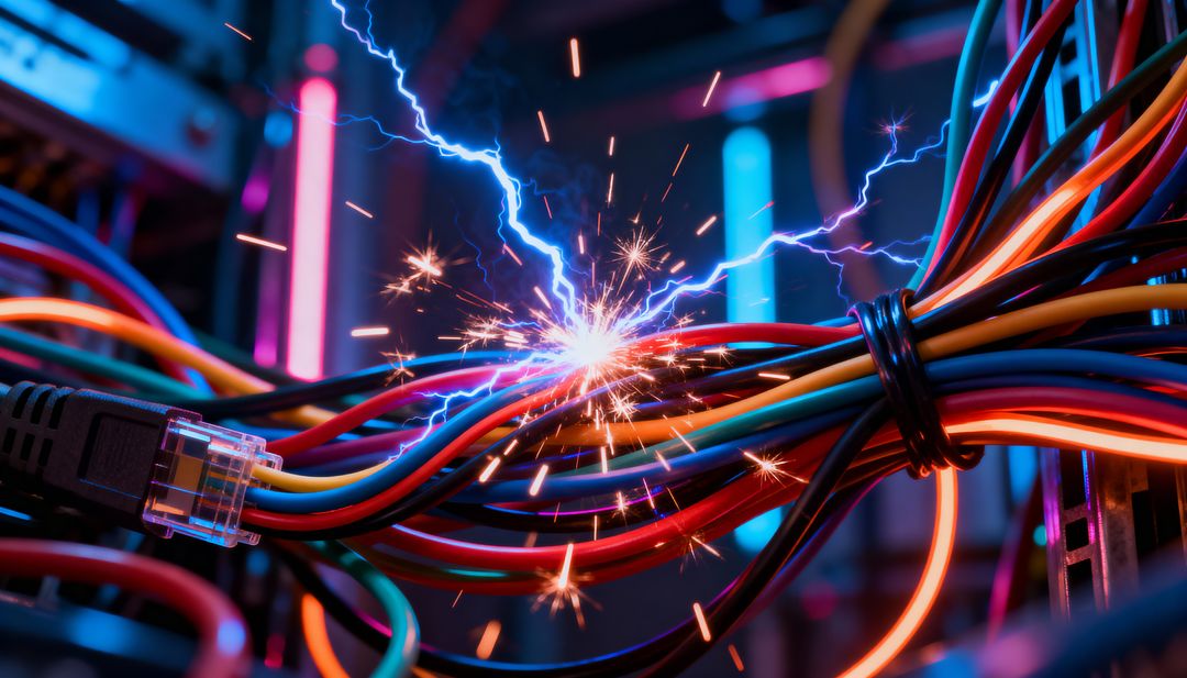 Sparking multicolored server cables producing electric arc in neon data center