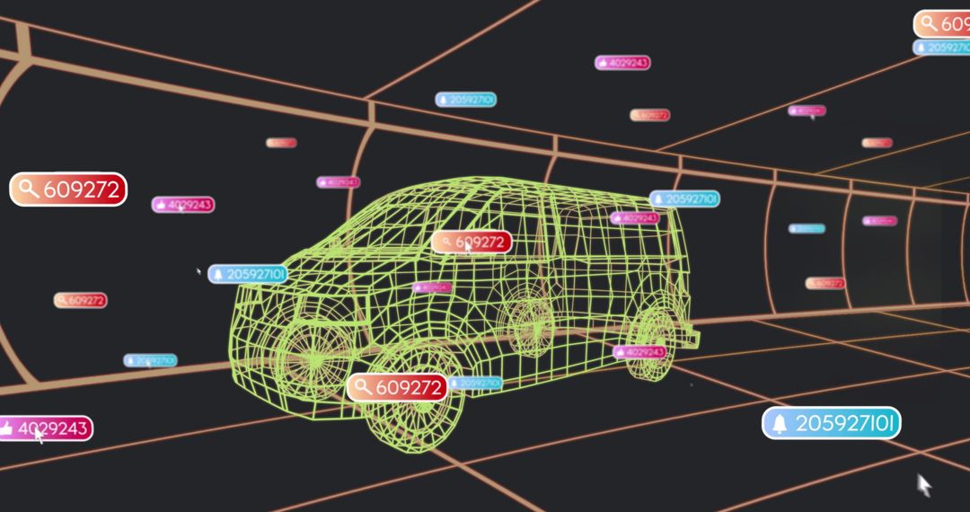 Futuristic Neon Wireframe Van in Digital Grid Tunnel