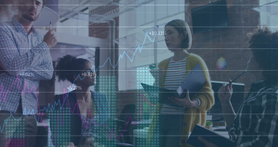 Office Meeting with Data Charts and Diverse Teamwork Collaboration