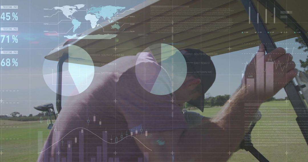 Man Taking a Break on Golf Cart with Analytical Overlay
