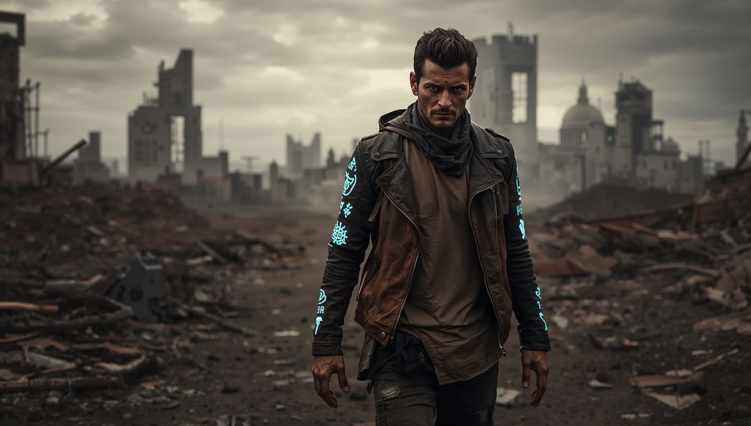 Man in Urban Wasteland with Neon-Symbol Adorned Vest