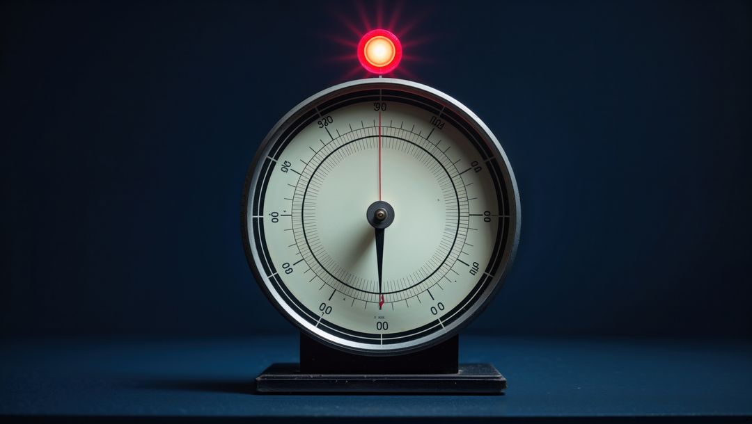 Industrial analog gauge with glowing red alert light on dark surface, seismograph concept