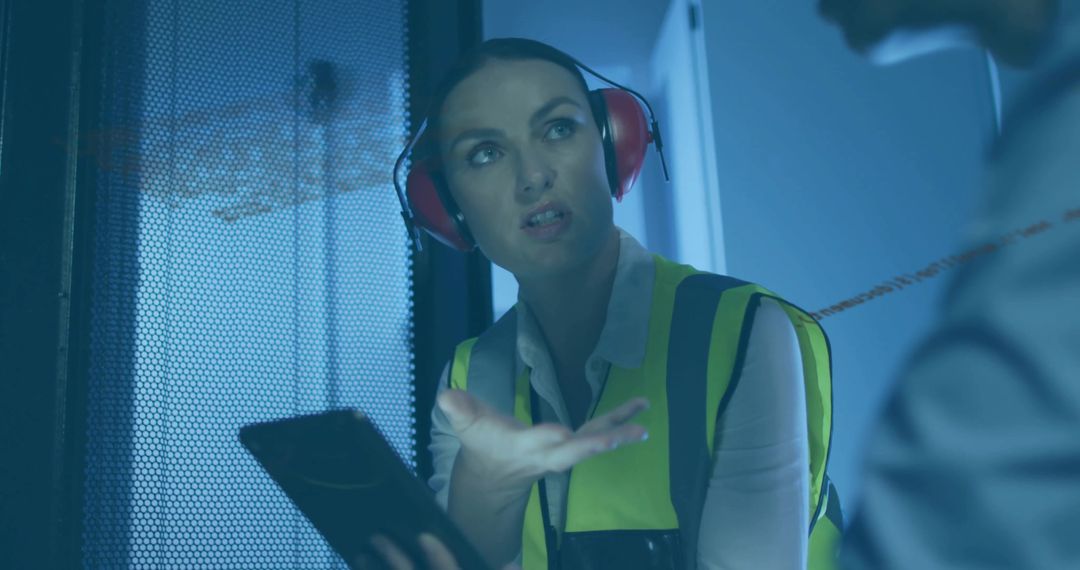 Female Worker Wearing Safety Gear Using Tablet in Maintenance Room