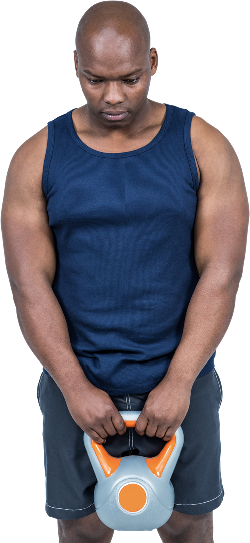 Muscular man lifting kettlebell wearing navy tank top on transparent background - Download Free Stock Images Pikwizard.com