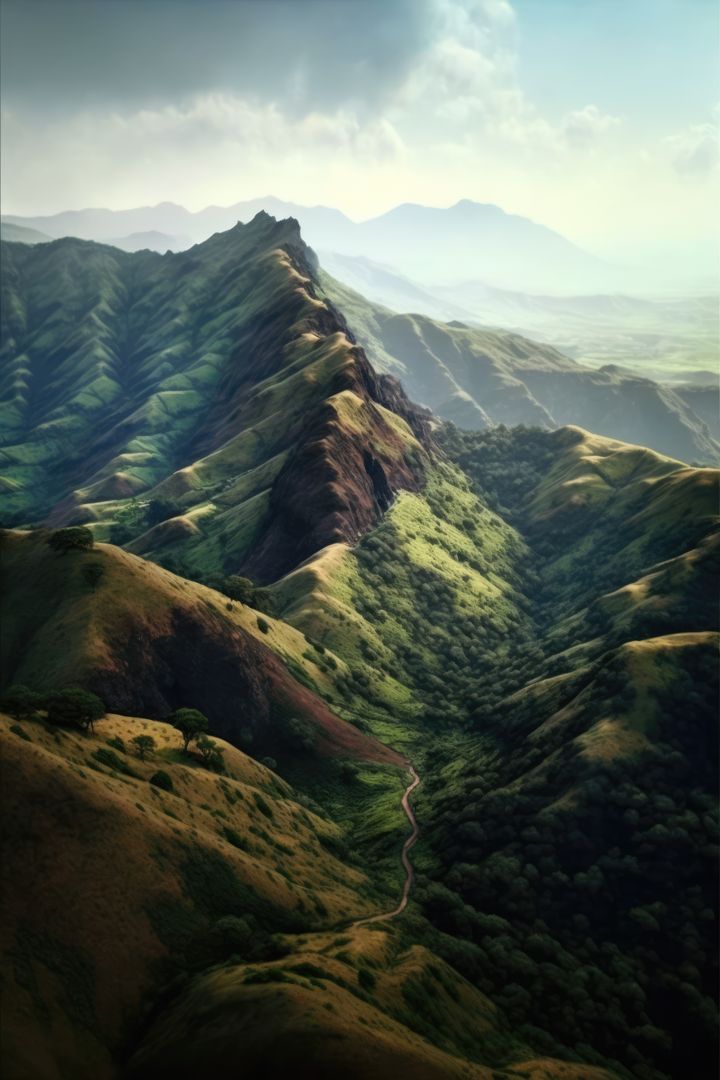 Aerial View of Lush Mountain Range with Winding Path and Dramatic Lighting - Free Images, Stock Photos and Pictures on Pikwizard.com