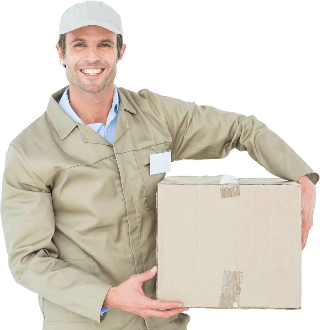 Transparent Smiling Delivery Man Holding Cardboard Box