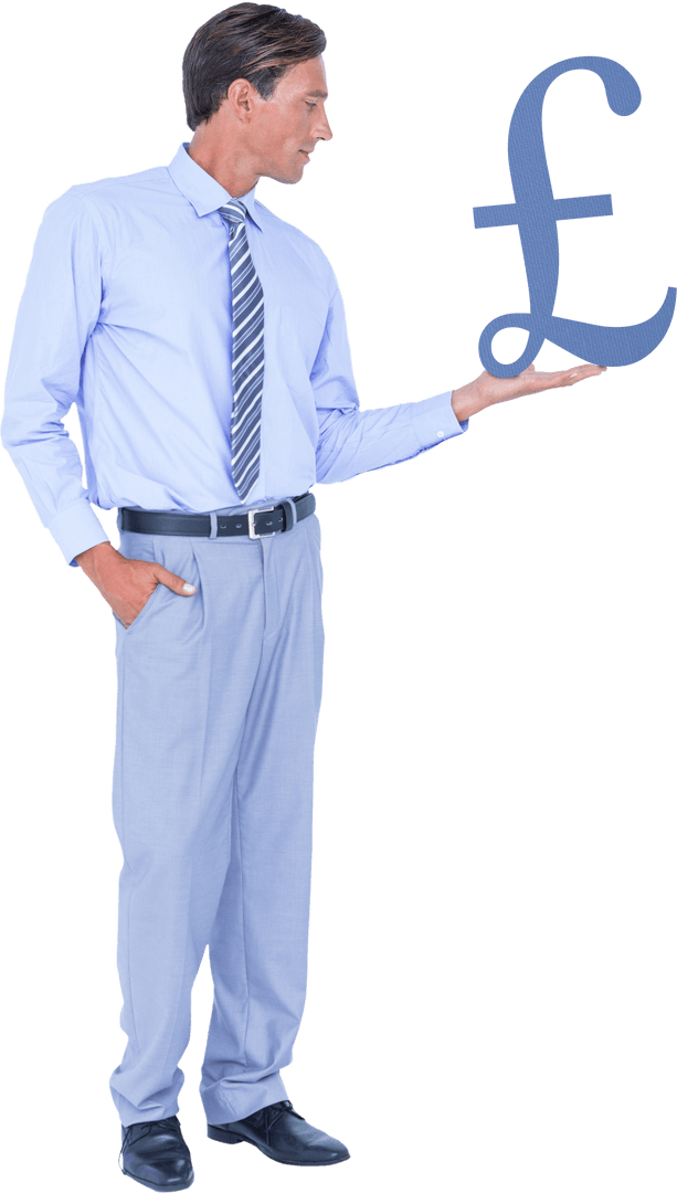 Businessman Holding Transparent Pound Symbol Confidently