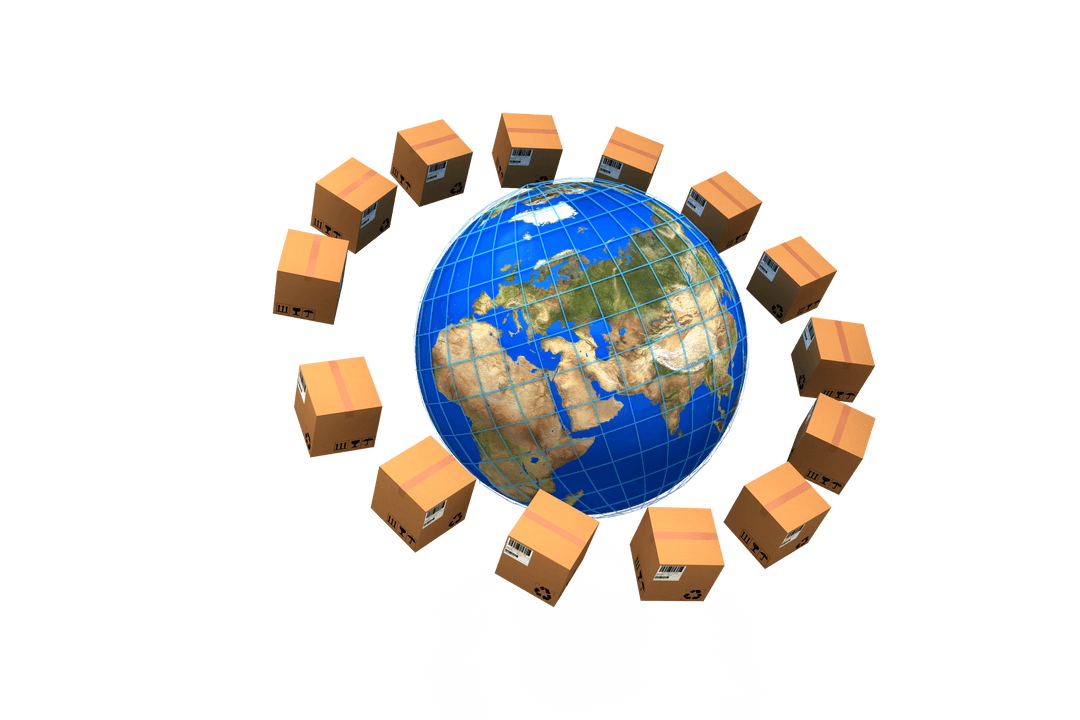 Transparent Earth Surrounded by Cardboard Shipping Boxes