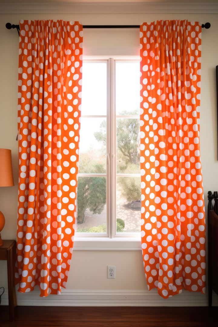 Orange curtains with white dots hanging in room with window, created using generative ai technology - Free Images, Stock Photos and Pictures on Pikwizard.com