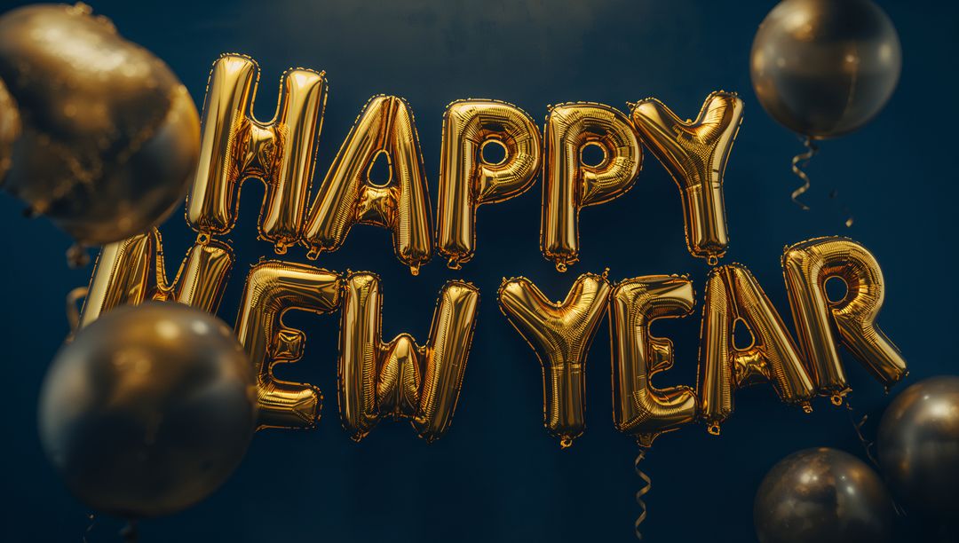 Floating Gold Foil Letter Balloons Spelling HAPPY NEW YEAR on Deep Blue Backdrop