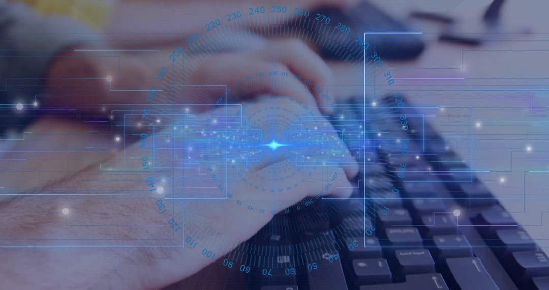 Hands Typing on Keyboard with Digital Interface Elements Overlaid
