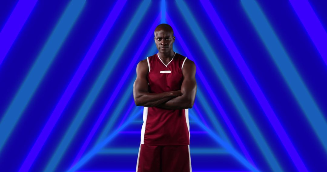 Confident Basketball Player Standing with Futuristic LED Triangle Background