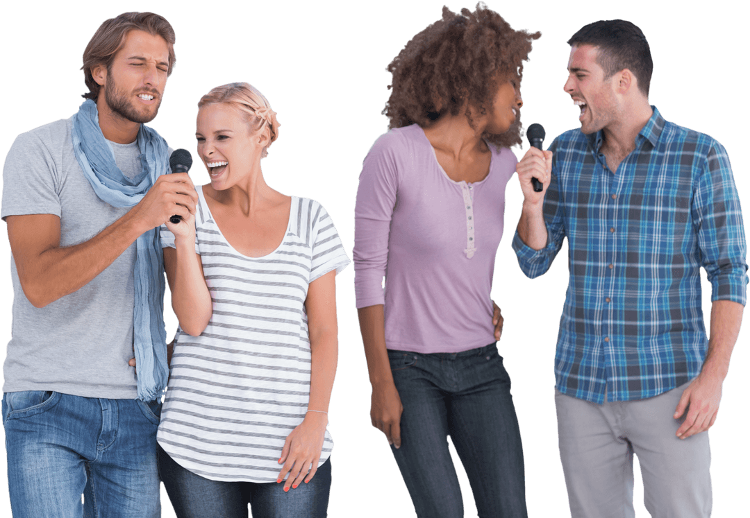Diverse Group Singing Karaoke with Enthusiasm and Laughter
