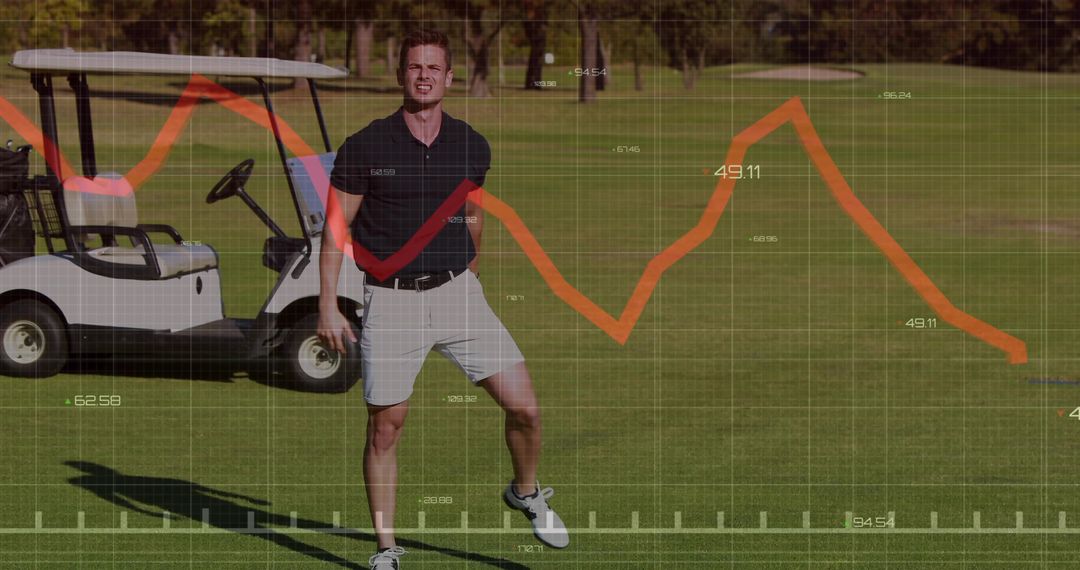 Golfer Analyzing Graph Over Golf Course with Cart