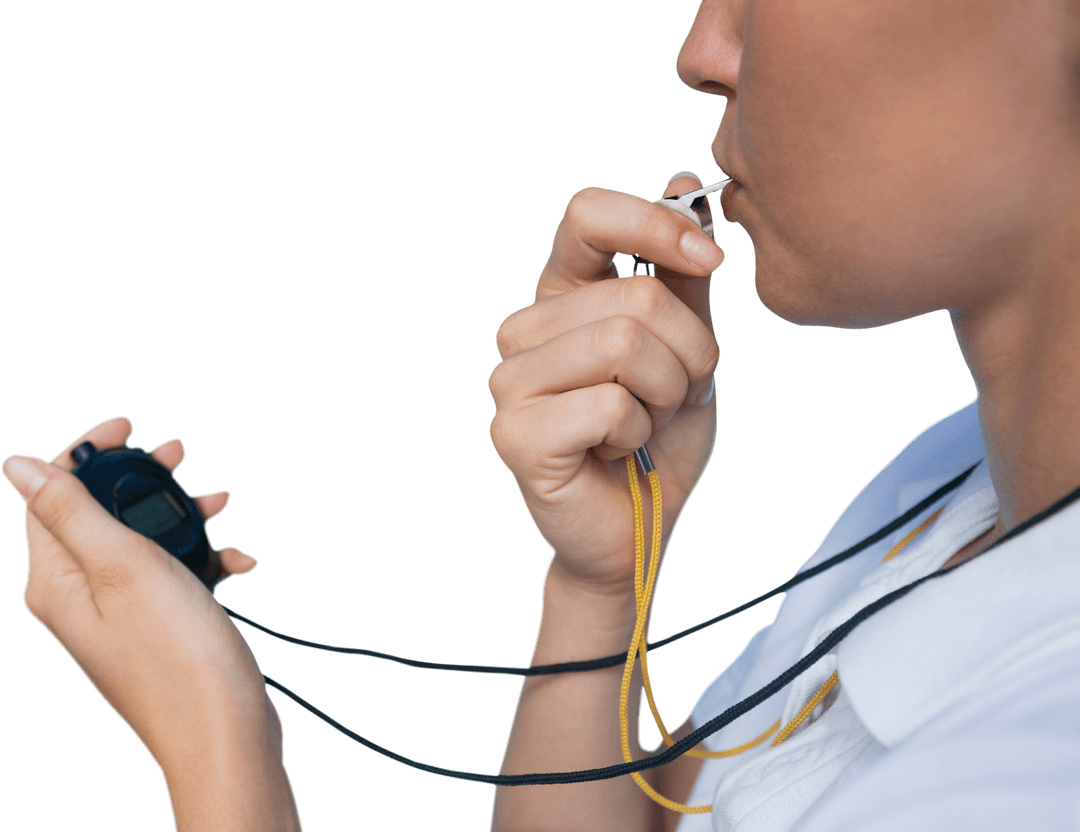 Transparent Female Sport Instructor with Whistle and Stopwatch