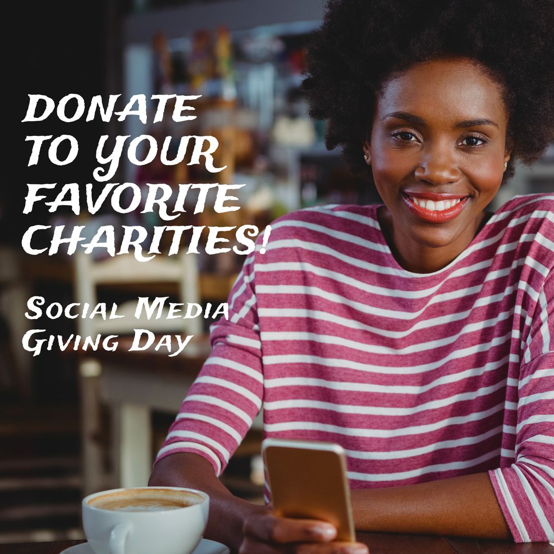 Smiling Woman in Cafe Promoting Charity During Giving Day