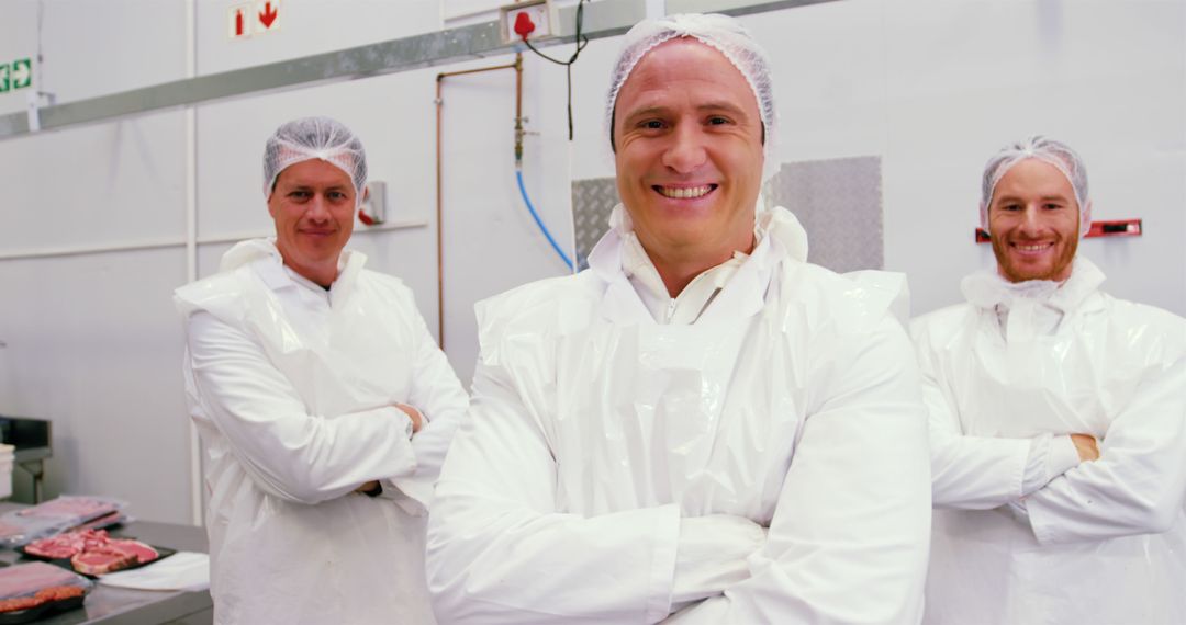 Smiling Meat Processing Plant Workers in Protective Clothing - Free Images, Stock Photos and Pictures on Pikwizard.com