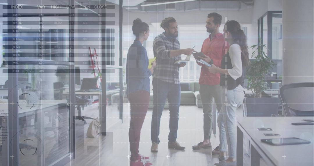 Team Collaboration in Modern Open-Plan Office with Tech Overlay