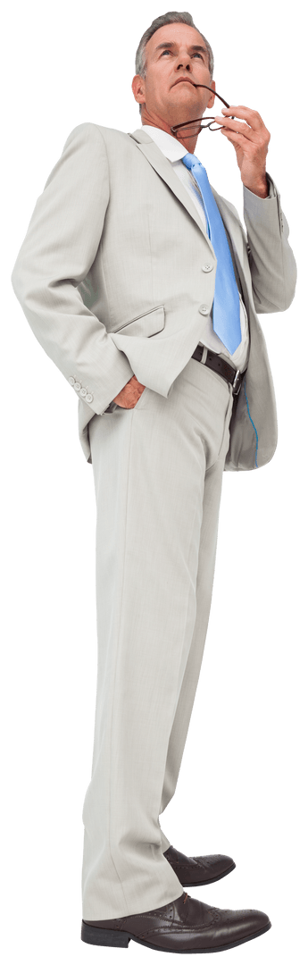 Caucasian Businessman in Suit Contemplating on Transparent Background
