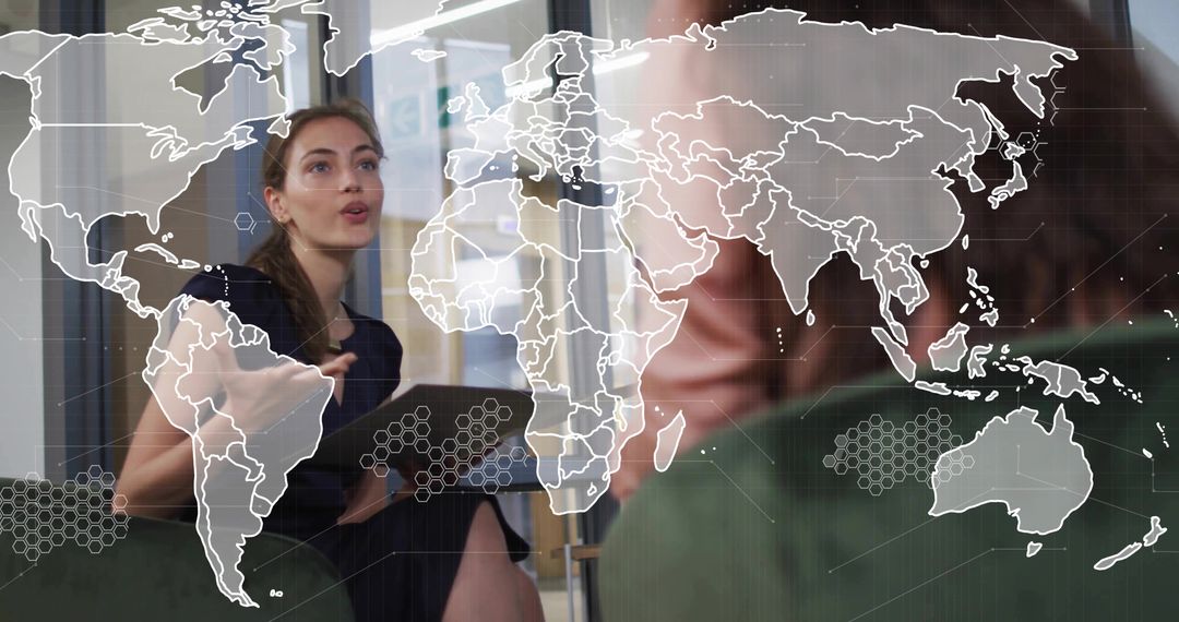 Businesswoman Presenting Data with World Map Overlay in Modern Office