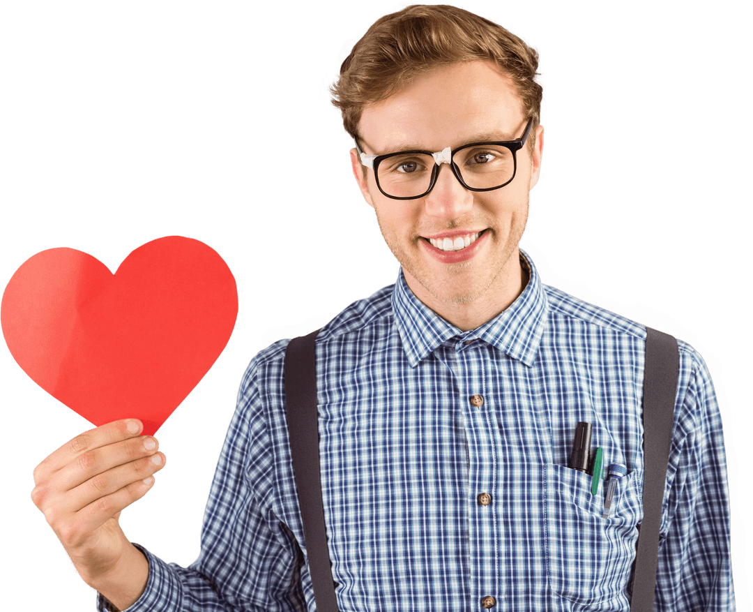 Geeky Hipster Holding Red Heart Card Transparent Background