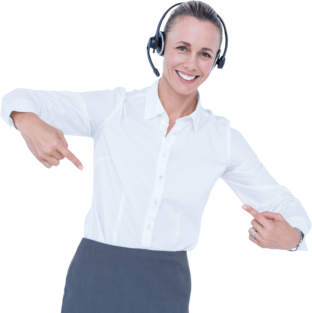 Transparent Smile: Professional Woman with Headset Pointing