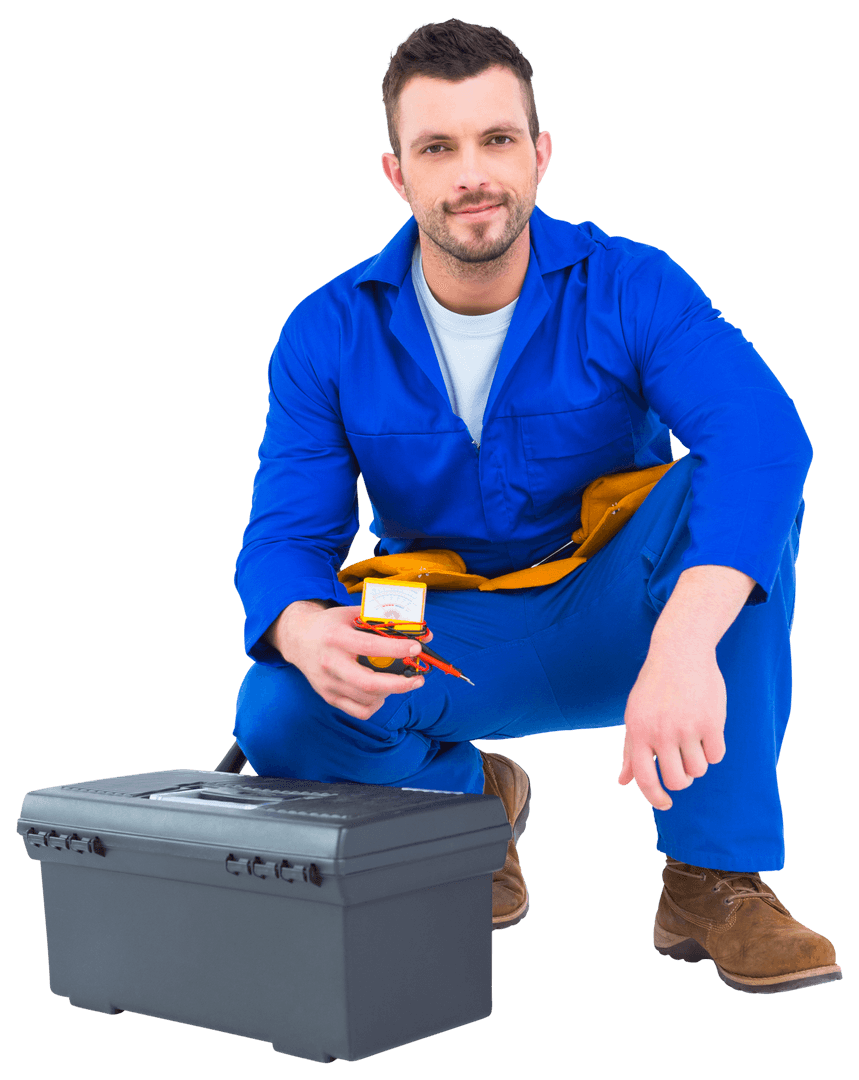 Smiling Electrician with Toolbox on Transparent Background
