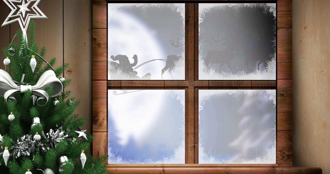 Santa Claus and Reindeer Silhouette Through Frosted Window