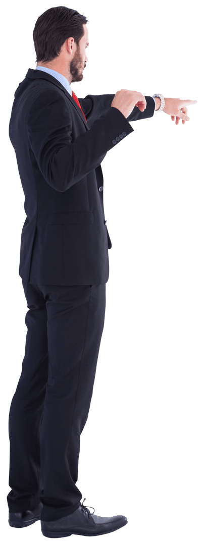 Transparent Businessman Pointing to Clock Focused Side View