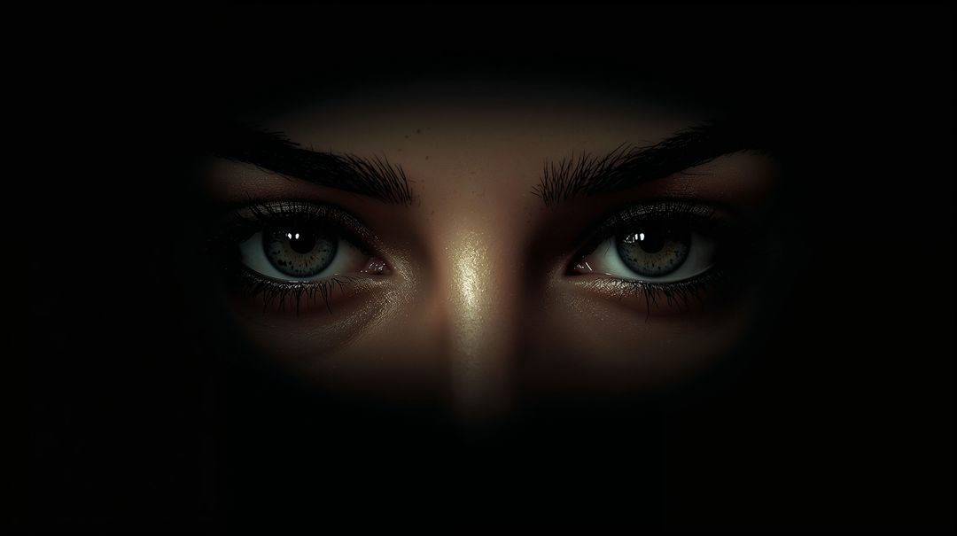 Intense low-key closeup female eyes staring through darkness with dramatic contrast light