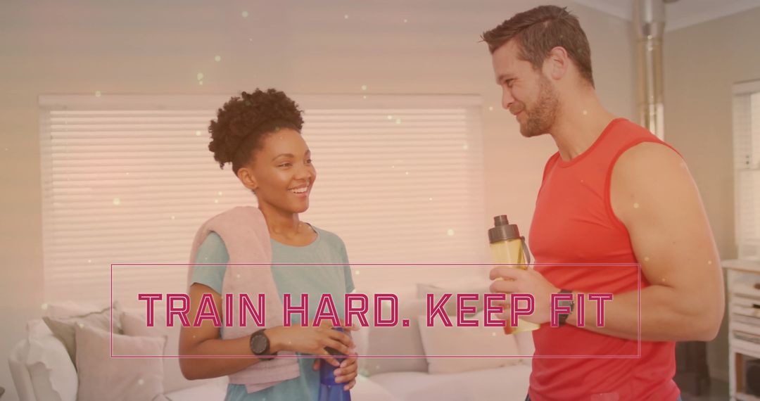 Diverse Couple Staying Active at Home with Motivational Message