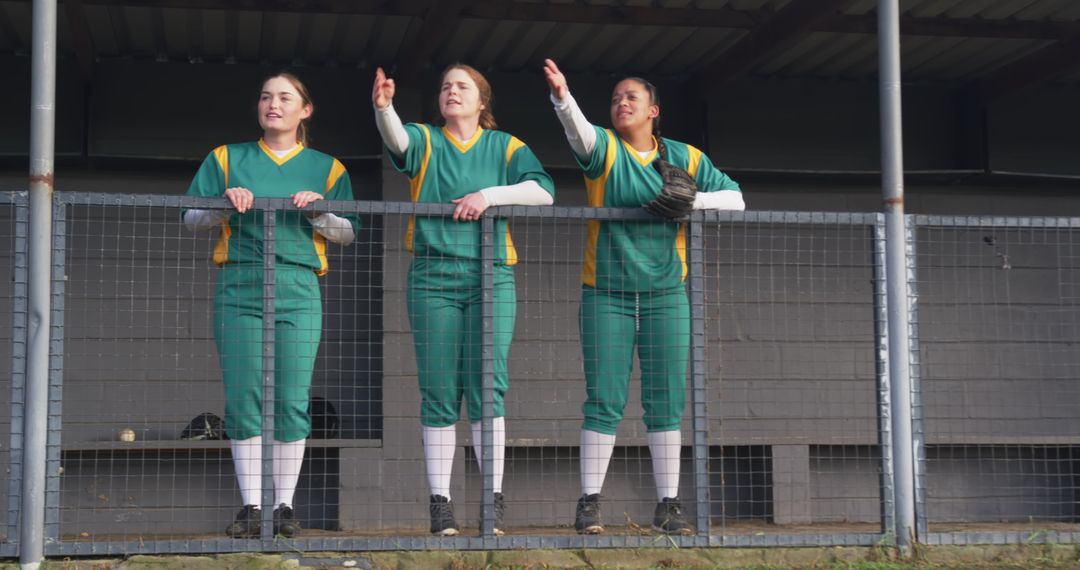 Female Softball Players at Dugout Engaging in Game Strategy