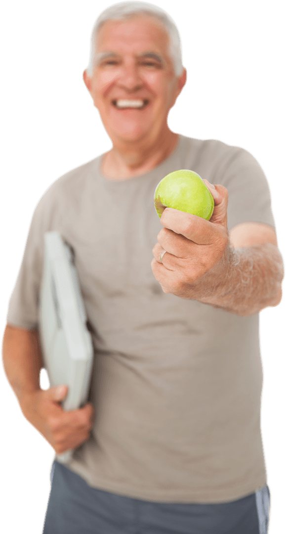 Active Senior Holding Apple and Scale with Transparent Background