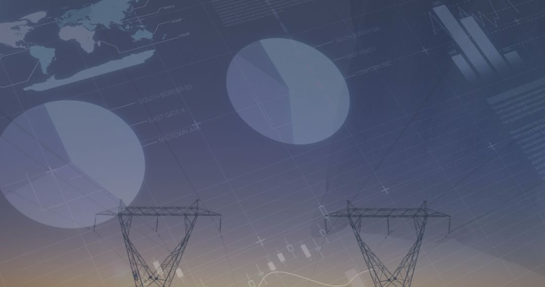 Financial Data Overlaid on Power Pylons Illustrating Global Energy Insights