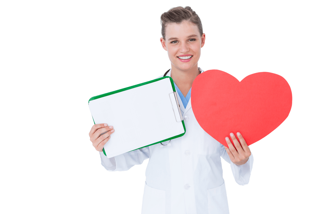 Happy Doctor Holding Transparent Heart Card and Clipboard