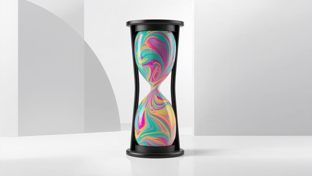 Modern Hourglass with Swirling Pastel Fluid in Minimalist Setting