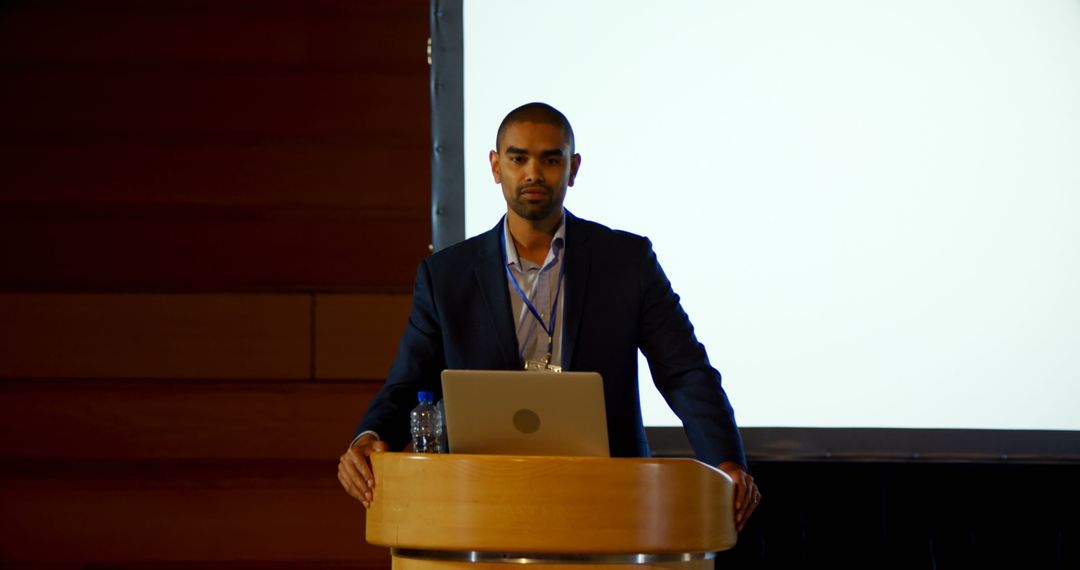 Confident Speaker Delivering Presentation in Conference Setting